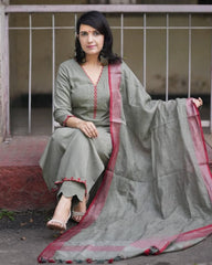 Women Olive Green Cotton Embroidery Kurta Pant and Dupatta set