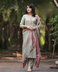 Women Olive Green Cotton Embroidery Kurta Pant and Dupatta set