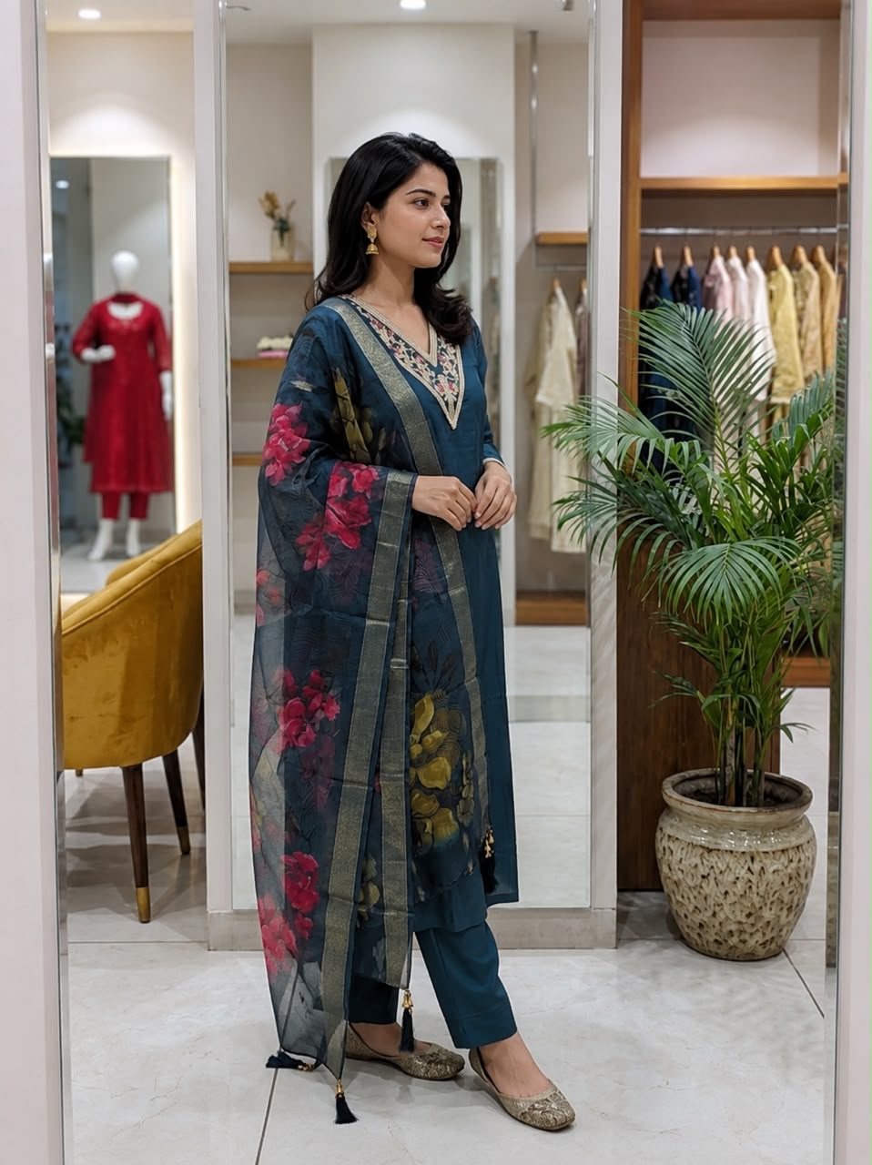 Women Teal Blue Roman Silk Embroidery Kurta Pant and Dupatta set