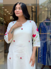 Women White Cotton Embroidery Booti Kurta Pant and Dupatta set