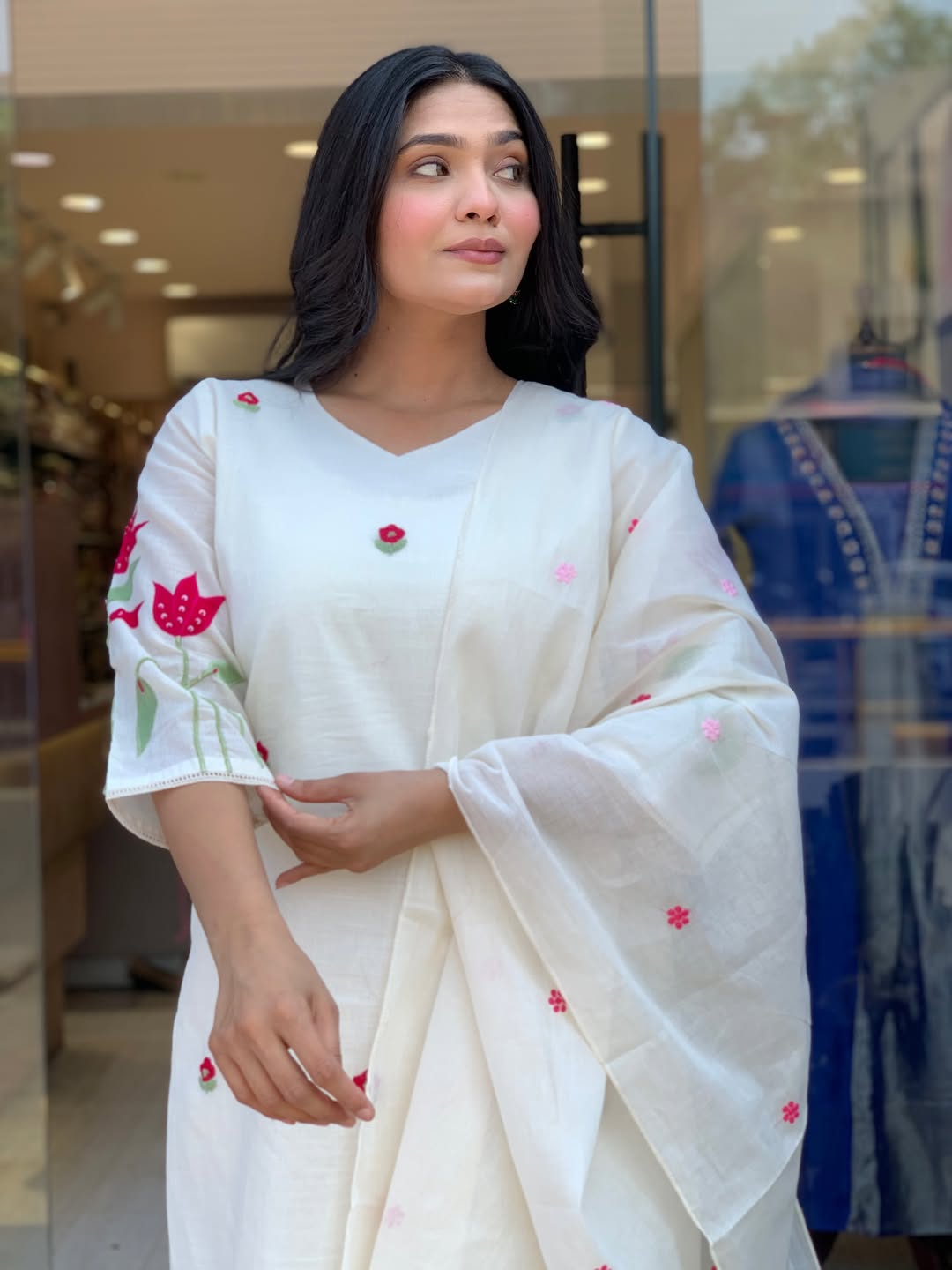 Women White Cotton Embroidery Booti Kurta Pant and Dupatta set