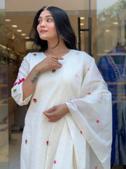 Women White Cotton Embroidery Booti Kurta Pant and Dupatta set