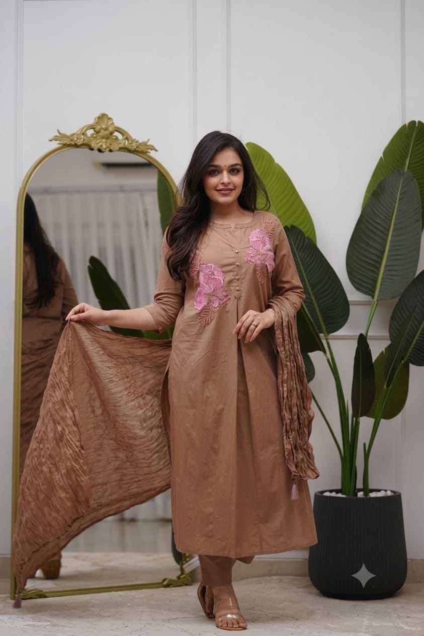 Women Taupe Brown Cotton Embroidery Tulip Kurta Pant and Dupatta set