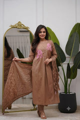 Women Taupe Brown Cotton Embroidery Tulip Kurta Pant and Dupatta set