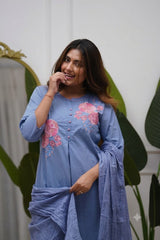 Women Powder Blue Cotton Embroidery Tulip Kurta Pant and Dupatta set