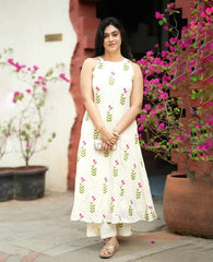 Women White Cotton Womanhood Cherry Kurta Pant set