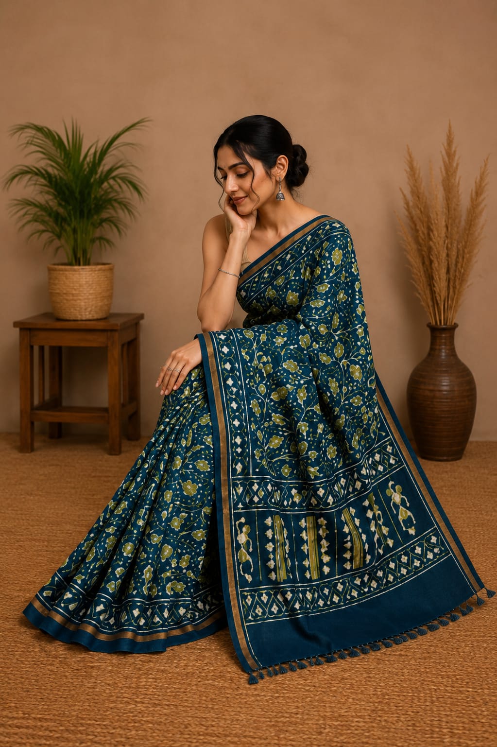 Pure Peacock Blue Block Print Chanderi Silk Saree