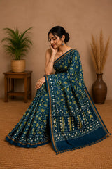 Pure Peacock Blue Block Print Chanderi Silk Saree