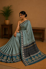 Pure Aqua Green Block Print Chanderi Silk Saree