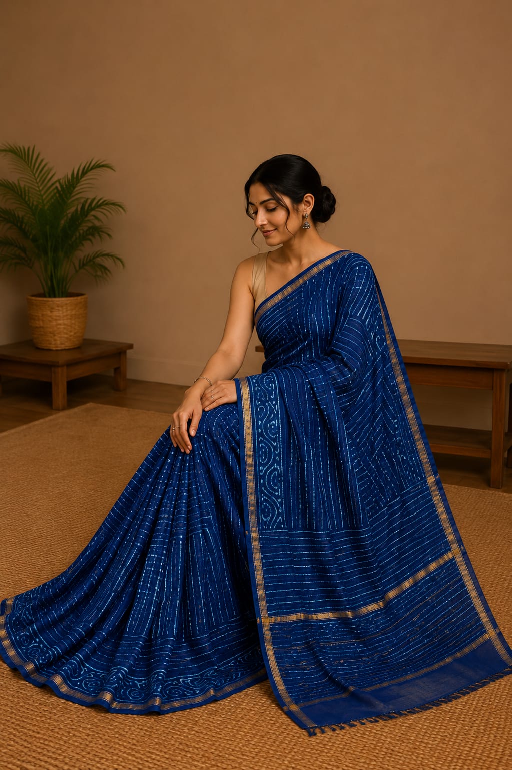 Pure Deep Blue Block Print Chanderi Silk Saree