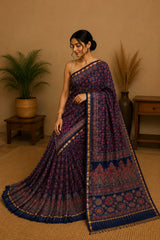 Pure Indigo Blue Block Print Chanderi Silk Saree