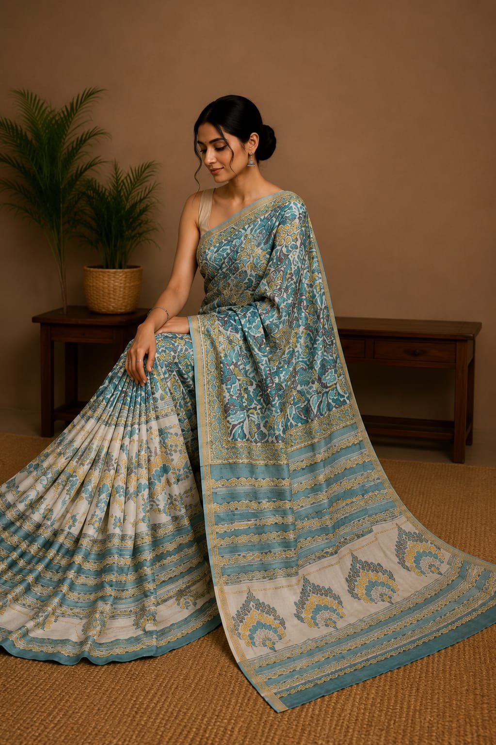 Pure Sea Green Block Print Chanderi Silk Saree