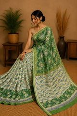 Pure Olive Block Print Chanderi Silk Saree