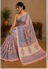 Pure Lavender Block Print Chanderi Silk Saree