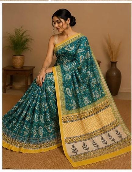 Pure Teal Blue Block Print Chanderi Silk Saree