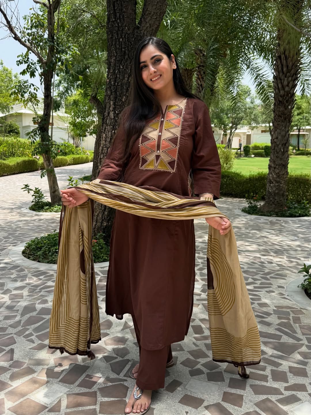 Women Brown Cotton Embroidery Criss-Cross Kurta Pant and Dupatta set