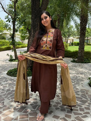 Women Brown Cotton Embroidery Criss-Cross Kurta Pant and Dupatta set
