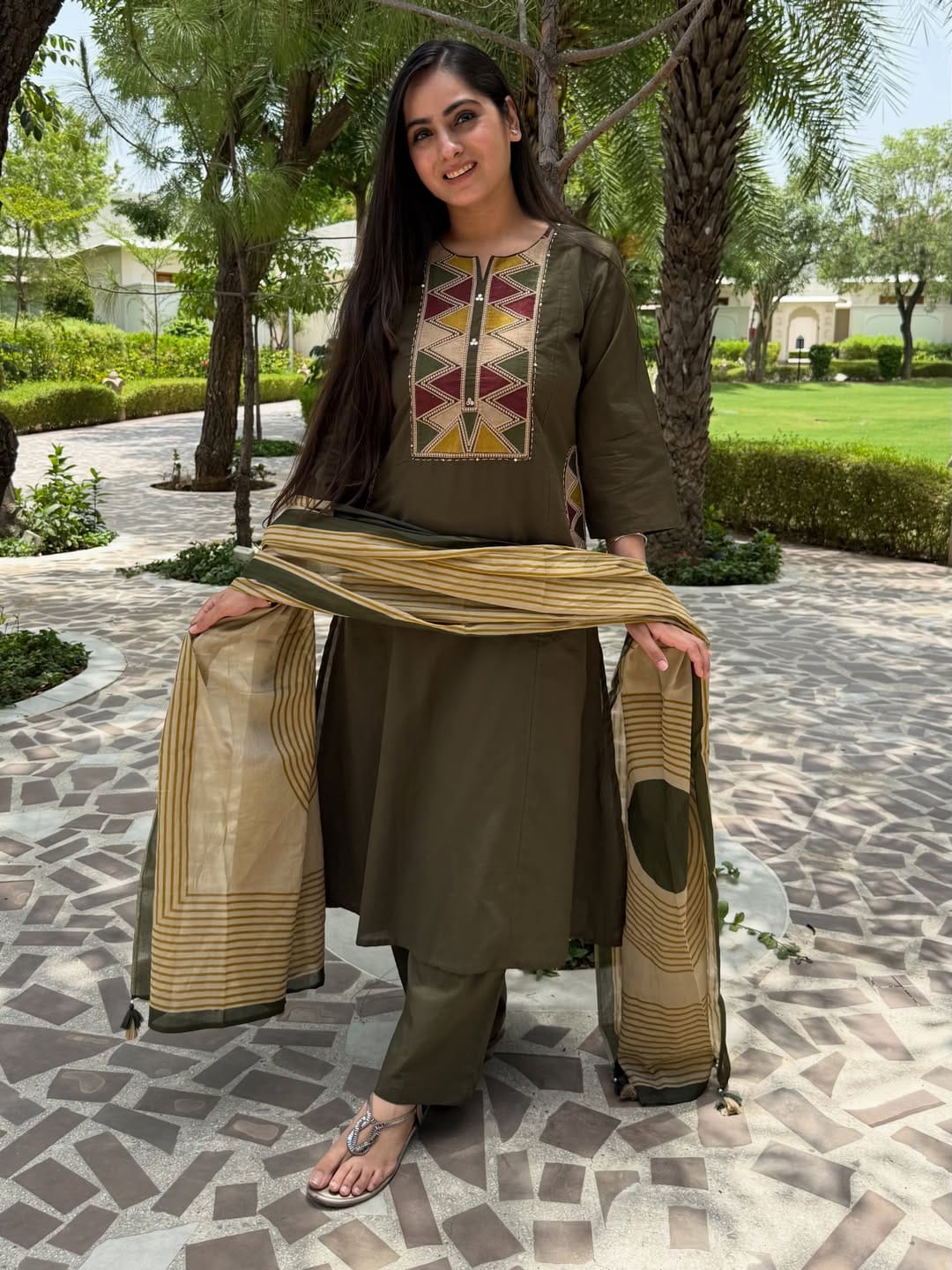 Women Green Cotton Embroidery Criss-Cross Kurta Pant and Dupatta set