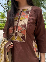 Women Brown Cotton Embroidery Criss-Cross Kurta Pant and Dupatta set
