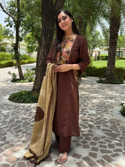 Women Brown Cotton Embroidery Criss-Cross Kurta Pant and Dupatta set
