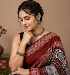 Pure Grey Hand block Print Cotton Mulmul Saree