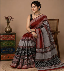 Pure Grey Hand block Print Cotton Mulmul Saree