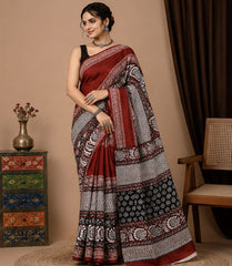 Pure Grey Hand block Print Cotton Mulmul Saree