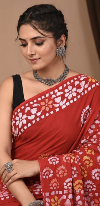 Pure Red Jaipuri Handblock Print Cotton Mulmul Saree