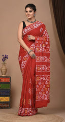 Pure Red Jaipuri Handblock Print Cotton Mulmul Saree