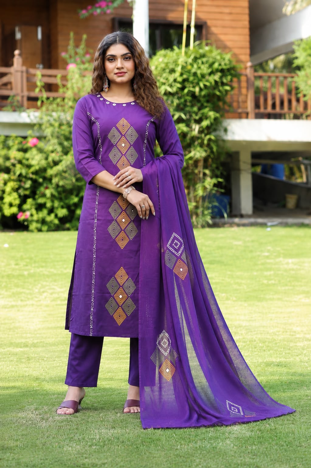 Women Purple Muslin Embroidery Kurta Pant and Dupatta set