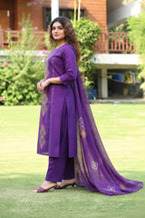Women Purple Muslin Embroidery Kurta Pant and Dupatta set
