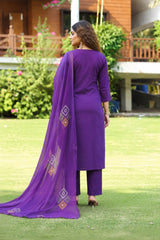 Women Purple Muslin Embroidery Kurta Pant and Dupatta set