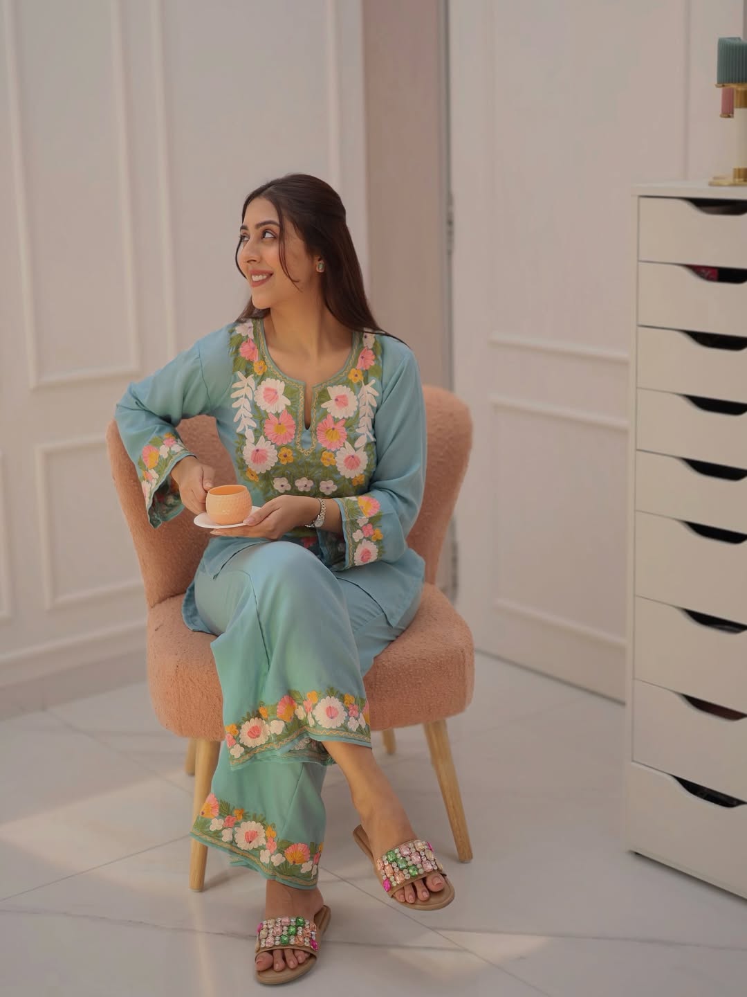 Women Sky Blue Cotton Embroidery Flowers Co-Ord set
