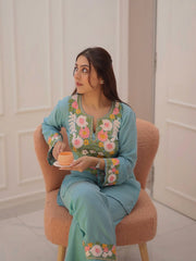 Women Sky Blue Cotton Embroidery Flowers Co-Ord set