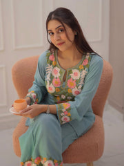 Women Sky Blue Cotton Embroidery Flowers Co-Ord set