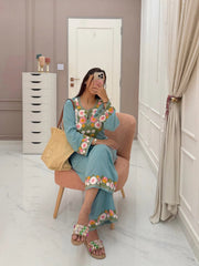 Women Sky Blue Cotton Embroidery Flowers Co-Ord set