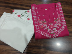 Women Pink Cotton Embroidery Sleeves Co-Ord set