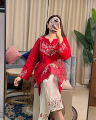 Women Red Cotton Embroidery Sleeves Co-Ord set