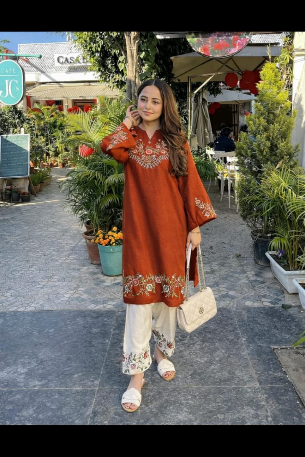 Women Brown Cotton Embroidery Sleeves Co-Ord set