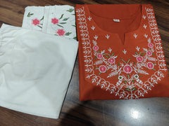Women Brown Cotton Embroidery Sleeves Co-Ord set