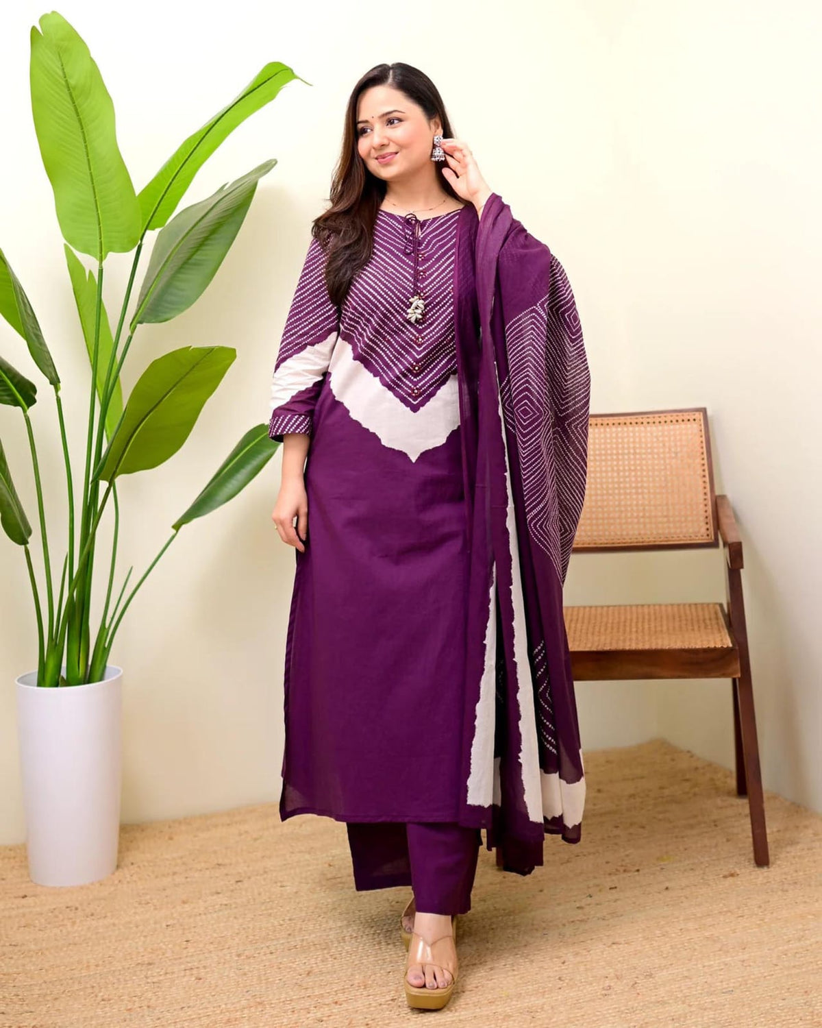 Women Purple Cotton Discharge Print Kurta Pant and Dupatta set