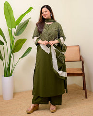 Women Green Cotton Discharge Print Kurta Pant and Dupatta set
