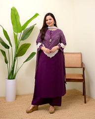 Women Purple Cotton Discharge Print Kurta Pant and Dupatta set