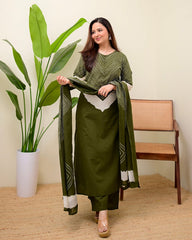 Women Green Cotton Discharge Print Kurta Pant and Dupatta set
