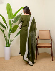 Women Green Cotton Discharge Print Kurta Pant and Dupatta set