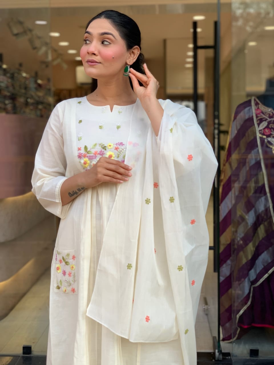 Women White Cotton Embroidery on Pocket Kurta Pant and Dupatta set