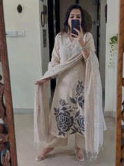 Women White Cotton Embroidery Kurta Pant and Dupatta set