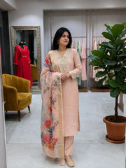 Women Peach Roman Silk Kurta Pant and Dupatta set