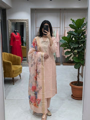 Women Peach Roman Silk Kurta Pant and Dupatta set