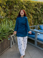 Women Teal Blue Cotton Evil Eye Embroidery Kurta Pant set